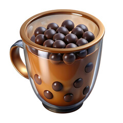 Delicious 3d render of boba tea with brown pearls in a clear glass mug