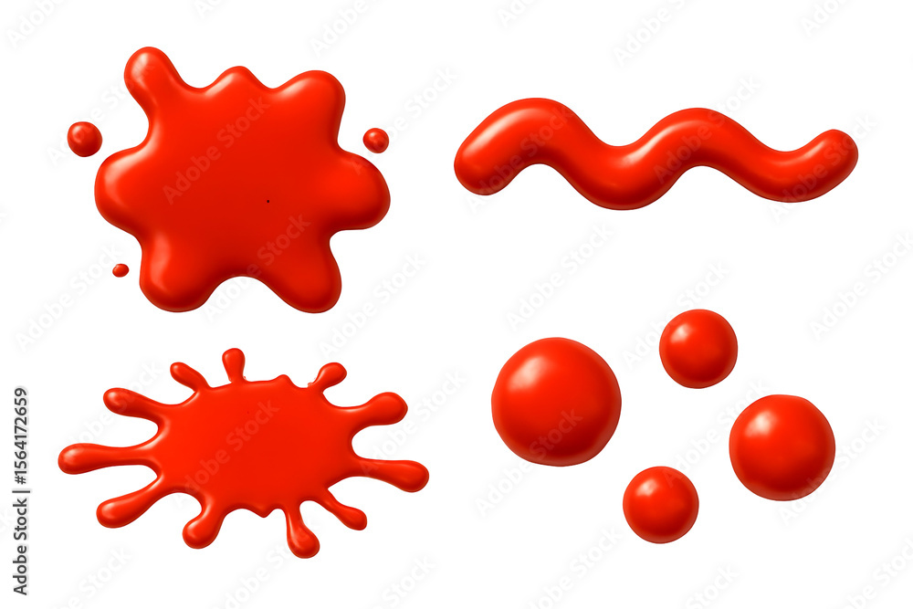 Poster four abstract glossy red paint shapes splatter, squiggle, blobs, drops on black