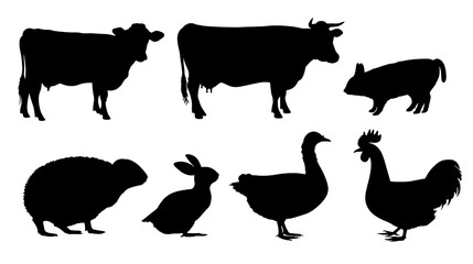 Collection of silhouettes of farm animals - cow, pig, sheep, rabbit, chicken, duck, turkey, goose. Animals side view. Illustration on transparent background Stock Illustration
