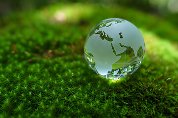 Glass Globe Earth on Lush Green Moss: Environmental Conservation Concept