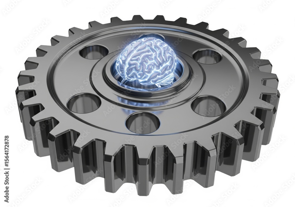 Poster intelligence mechanism. a glowing human brain is centrally integrated into a metallic cog, symbolizi