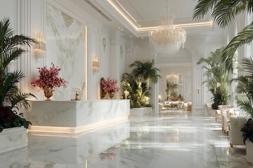 Elegant Hotel Lobby with Marble Reception and Crystal Chandelier Design  
