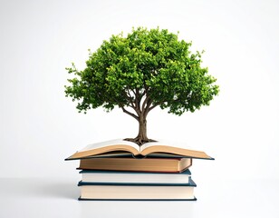 Tree of knowledge growing on open book stack