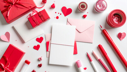 Valentine’s Craft Supplies Flat Lay with Cards, Envelopes, Red Hearts, and Glitter