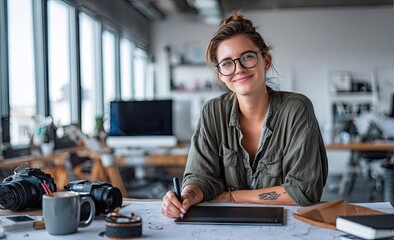 Smiling young woman with glasses sits at a desk in a modern office, sketching on a tablet, with cameras and a coffee cup nearby