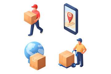 Isometric delivery set person with box, phone map, globe, cart