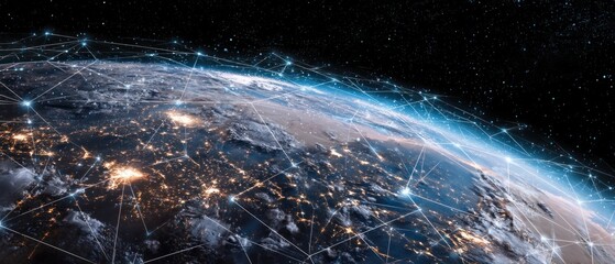 Global network connection illuminated earth at night digital communication visualization