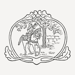 A vintage-style black and white drawing of a medieval horseman playing a horn, surrounded by an ornate frame. The detailed artwork evokes a sense of history and chivalry