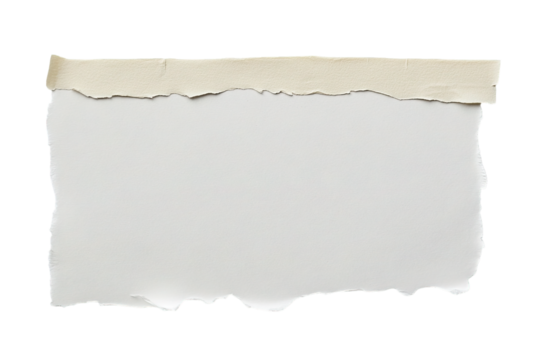 Torn paper piece with a tape edge over a white surface on a transparent background for design usage
