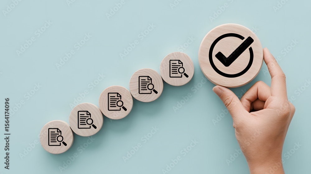 Poster document review process with magnifying glass icons leading to checkmark representing approval valid
