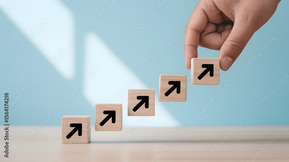 Poster business growth concept with wooden blocks arranged in ascending order showing progress with upward 