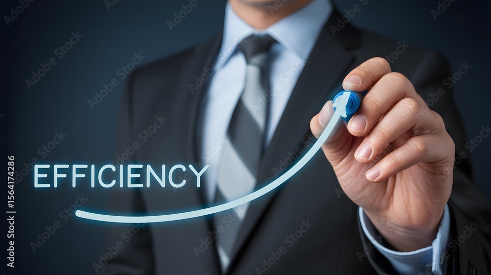 Poster businessman drawing upward curve with word efficiency representing productivity improvement performa