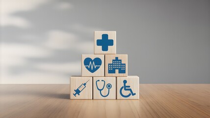 Wooden Blocks With Medical Icons Representing Healthcare System Services Including Hospital Treatment Disability Vaccination And Support

