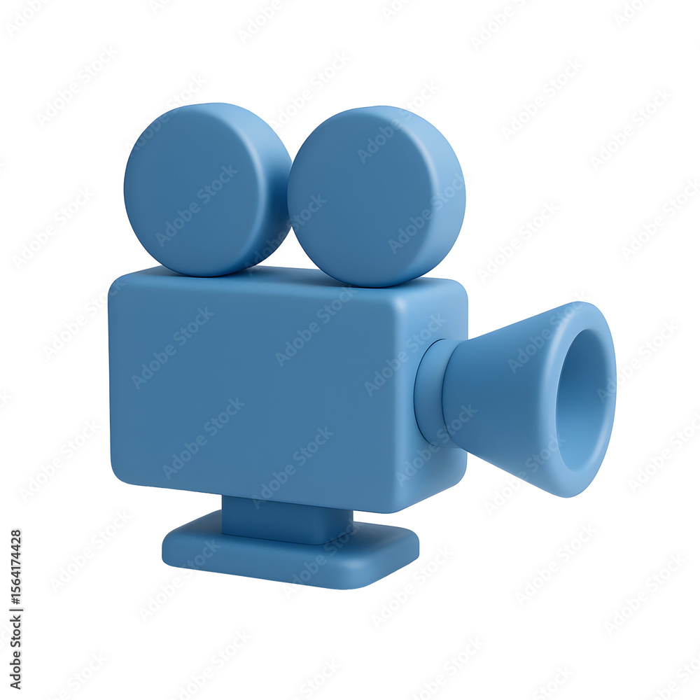Poster light blue, 3d rendering of an old movie camera with two round reels