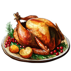 Roast turkey watercolor illustration isolated on transparent background, ideal for holiday meal promotions. PNG format.