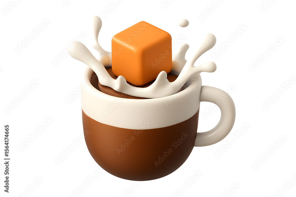 Poster glossy caramel cube splashing into a steaming cup of coffee with cream