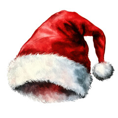 Santa hat watercolor illustration isolated on transparent background. Ideal for Christmas designs or festive promotions. PNG format.