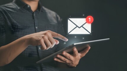 Man Touching Tablet With New Email Notification Icon Representing Online Message Communication Alert Digital Contact And Technology


