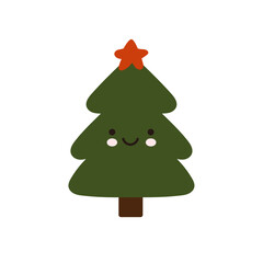 cute smiling christmas tree illustration in flat style with red star on top for holiday greeting design and winter decor