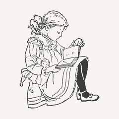 Vintage black and white illustration of a little girl reading a book, wearing a dress with a bow in her hair. Hand-drawn nostalgic artwork in a retro style.