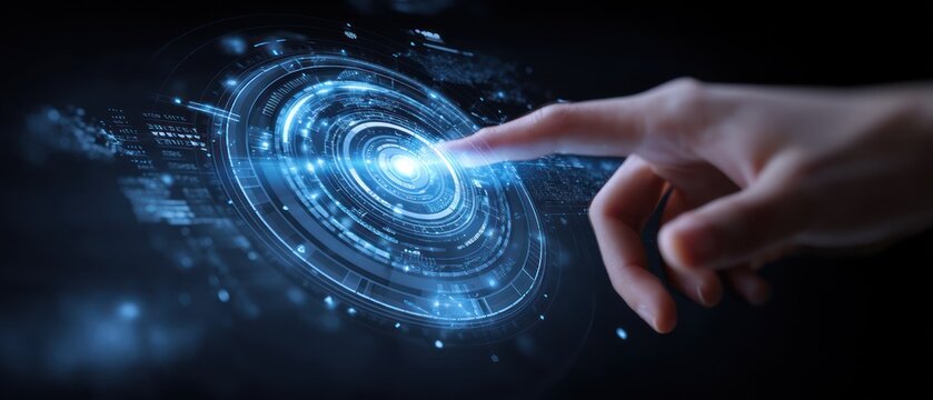 Hand interacting with futuristic digital interface glowing blue circles data streams