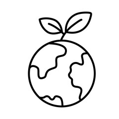 Minimalist line art icon of Earth with a sprouting plant, symbolizing nature, ecological growth, sustainability, and environmental care. Isolated on a white background. 