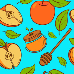 Rosh Hashanah Themed Apple and Honey Pattern with Leaves for Holiday Blogs, Celebration Websites, Cultural Events, and Educational Content  
