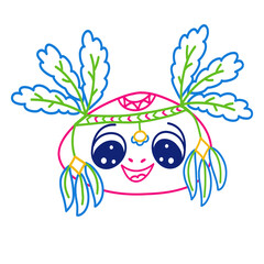 head of a cheerful axolotl in a traditional indian headdress, pink outline