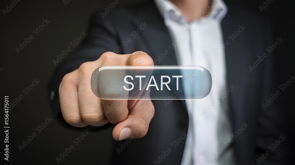 Poster businessman pressing virtual start button representing beginning of new project initiative startup l