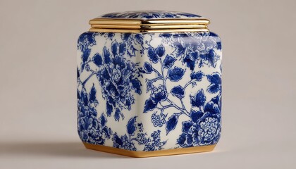 A square, porcelain container with a gold-trimmed lid and base, features a blue and white floral pattern reminiscent of toile or chinoiserie