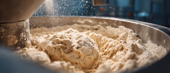 Beige dough mixing in metal bowl flour dust food production