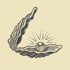 Hand-drawn oyster shell with a precious pearl inside, vintage engraving style. Ideal for marine, luxury, and jewelry designs in classic monochrome.