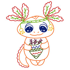 cute axolotl indian holding quiver with arrows in paws, colorful outline