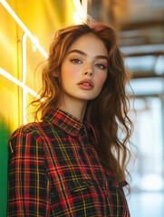 Beautiful Young Woman in Plaid Shirt with Neon Light Background