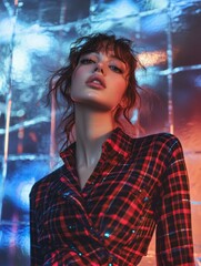 Fashion Portrait of a Woman in Red Plaid Shirt