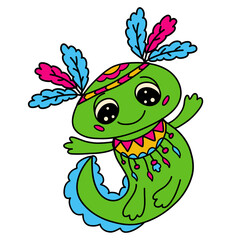 Cute swimming axolotl indian in traditional costume