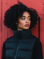 Portrait of a Beautiful Woman with Curly Hair in a Black Puffer Vest