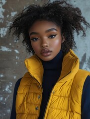 Portrait of a Beautiful Young Woman in a Yellow Puffer Vest