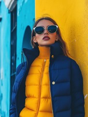 Fashionable Woman in Sunglasses Leaning Against Colorful Wall