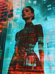 Fashionable Woman in Plaid Dress with City Overlay