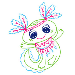 Cute swimming axolotl indian in traditional costume, colored outline