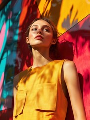 Fashionable Woman in Yellow Dress Against Colorful Wall