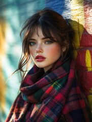 Beautiful Woman with Red Lips and Plaid Scarf Leaning Against Graffiti Wall