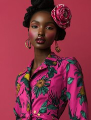 Elegant African Woman in Floral Dress with Rose Hairpiece