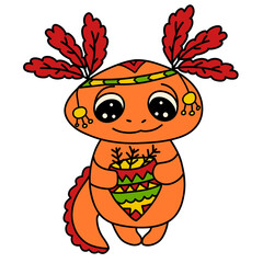 cute axolotl indian holding quiver with arrows in paws, colorful illustration