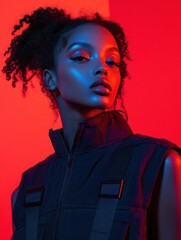 Dramatic Portrait of a Woman with Red and Blue Lighting