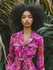 Elegant Woman in Floral Dress Posing Outdoors