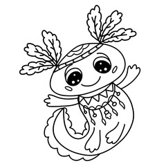 Cute swimming axolotl indian in traditional costume, black outline