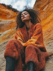 Earthy Tones Fashion: Woman in Cozy Knitwear on a Rocky Landscape