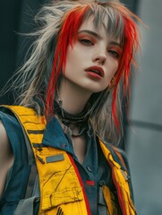Stylish Young Woman with Red Streaks and Yellow Vest